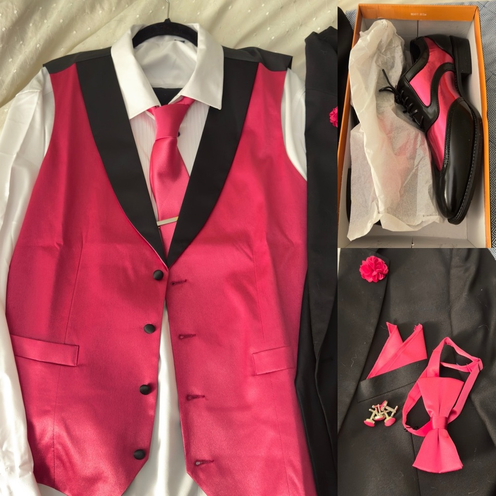 Bold Pink and Black Satin Tuxedo Set